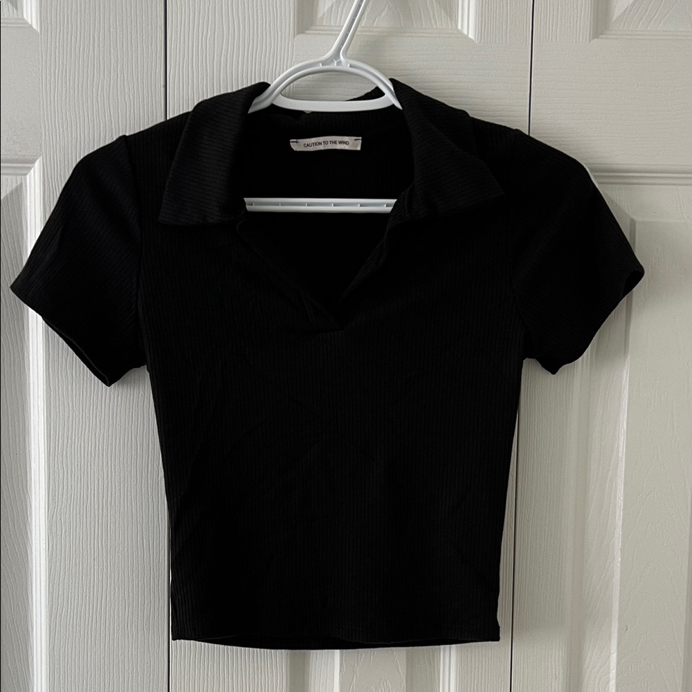 Caution To The Wind Black Collared Crop Top